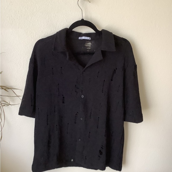 Zara Men's Shirt Distressed Knit Button Down Black Size M Resortwear Top - Picture 1 of 5